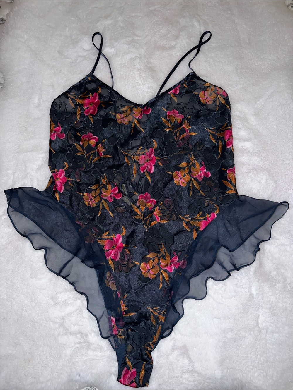 Victoria's Secret gold label Lace Bodysuit with Pink & Brown Floral Embroidery